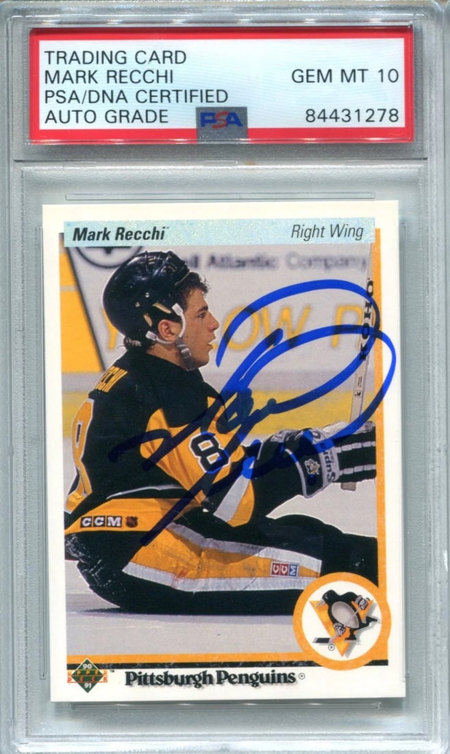 Mark Recchi 1990 Upper Deck #178 PSA Auto Gem MT 10 Card: Mark Recchi 1990 Upper Deck #178 PSA Auto Gem MT 10 Card Signed in blue across the front of the card, Mark Recchi's 1990 Upper Deck #178 PSA Auto Gem MT 10 Card bears a notable signature.