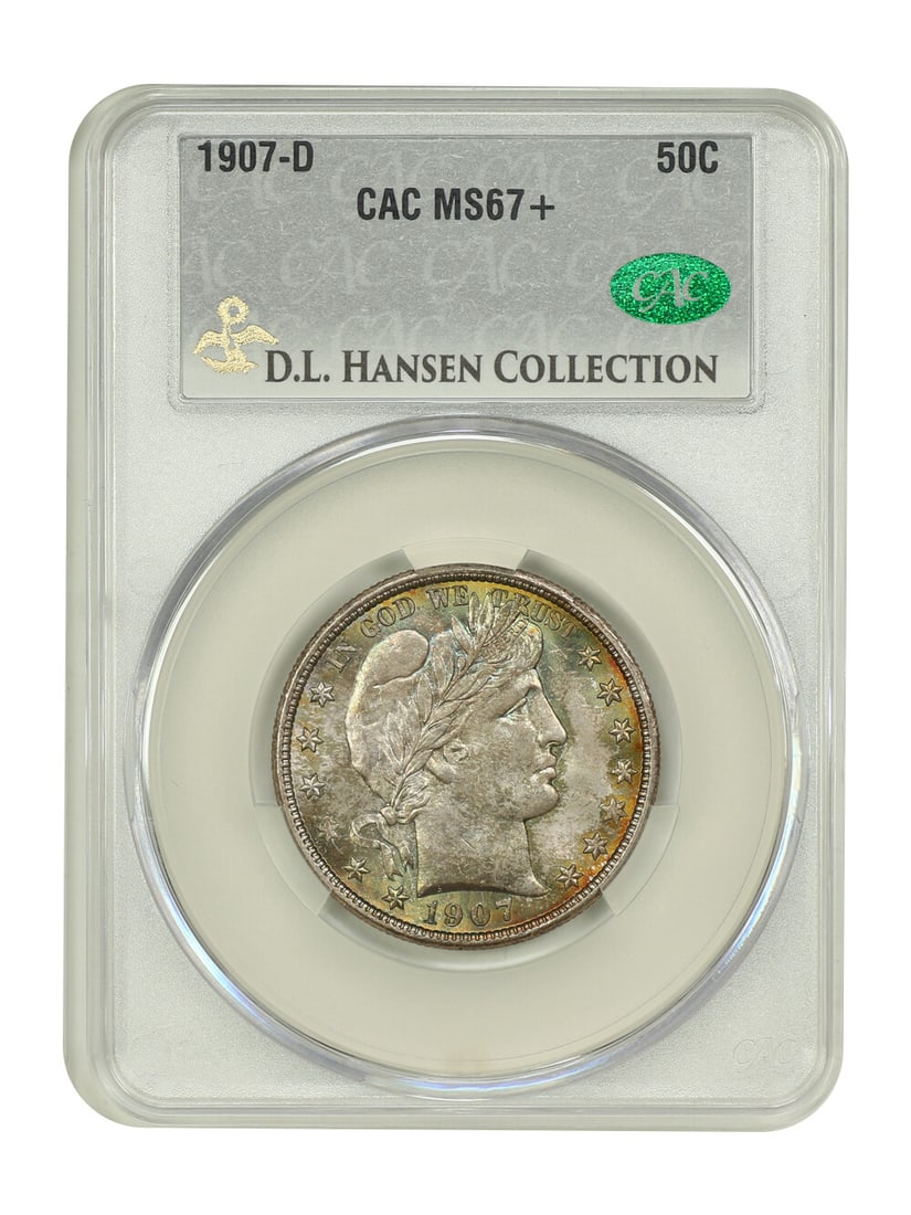 1907-D 50C CACG MS67+ ex: D.L. Hansen - Barber Half Dollar: 1907-D 50C CACG MS67+ ex: D.L. Hansen - Barber Half Dollar The 1907-D Barber Half Dollar, graded MS67+, boasts exceptional mint state condition with striking details. Certified by the CACG, this