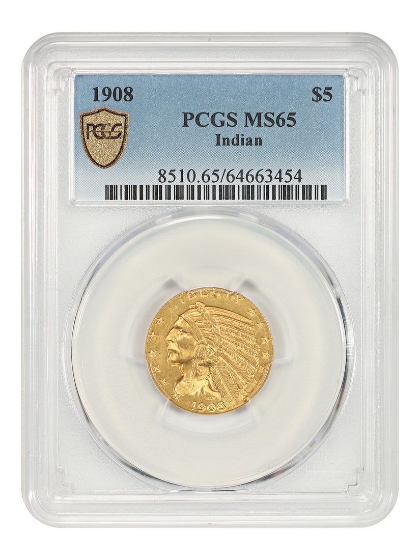 1908 $5 Indian PCGS MS65 - Indian $5 - First Year of Issue: 1908 $5 Indian PCGS MS65 - Indian $5 - First Year of Issue Uncirculated $5 Gold Coin from the First Year of Issue, certified by PCGS as MS65. This 1908 Indian Head nickel features a striking design