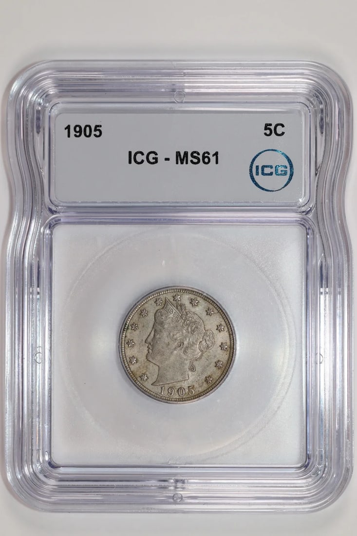MS61 ICG V NICKEL LIBERTY 1905: MS61 ICG V NICKEL LIBERTY 1905 MS61 ICG V NICKEL LIBERTY 1905 - A High-Grade Uncirculated Nickel Coin, Certified by the International Coin Grading Service (ICG). This coin boasts a MS 61 grade,