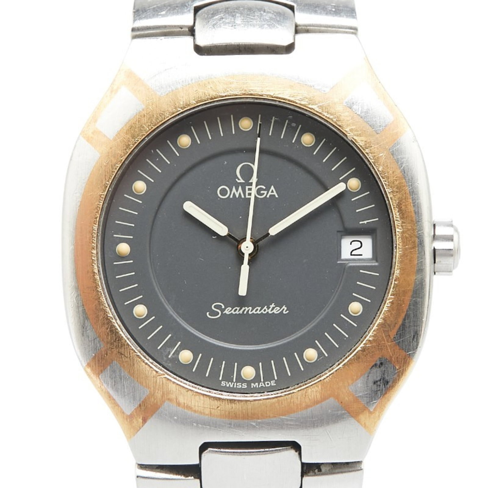 Omega Wristwatch: Omega Wristwatch Stainless steel and yellow gold combine in a classic Omega wristwatch design, featuring an analog display on a gray dial. The 35.8mm case size fits comfortably around wrists up to