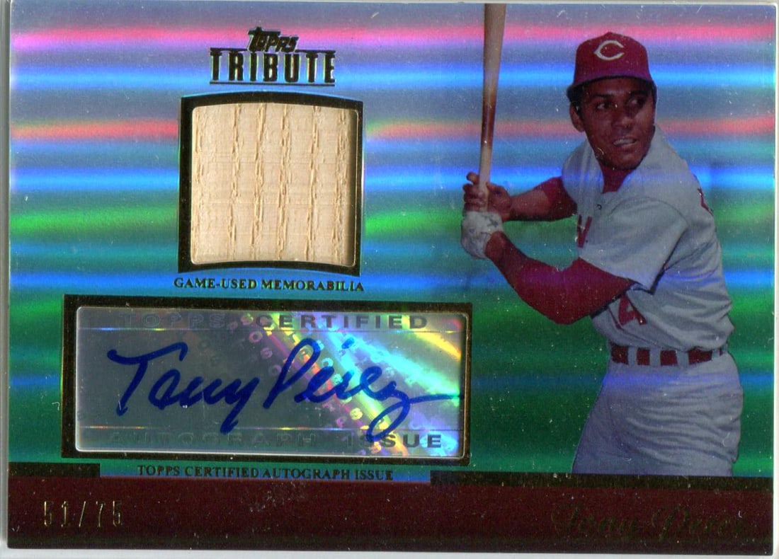 Tony Perez 2011 Topps Tribute Card #51/ 75: Tony Perez 2011 Topps Tribute Card #51/ 75 Tony Perez 2011 Topps Tribute Card #51/75 features a signed card with a unique serial number, part of a limited edition set honoring baseball legends. The
