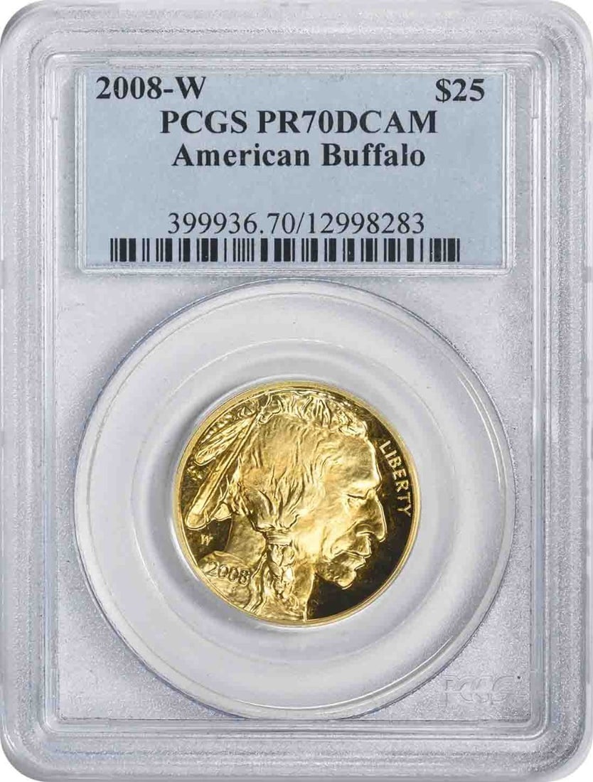 2008-W $25 American Gold Buffalo PR70DCAM PCGS: 2008-W $25 American Gold Buffalo PR70DCAM PCGS 2008-W $25 American Gold Buffalo PR70DCAM PCGS - A stunning proof coin from the U.S. Mint, graded PR70DCAM by PCGS for its exceptional condition and
