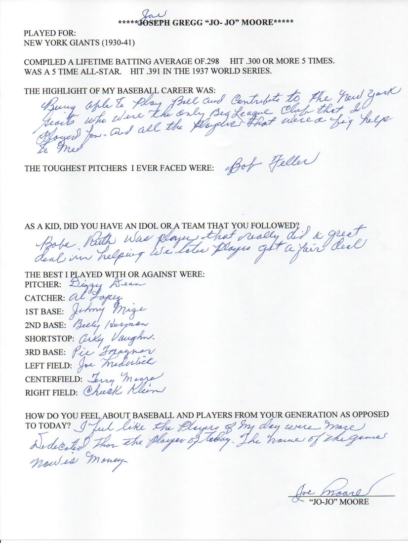 Jo-Jo Moore Autographed Hand Filled Out Survey Page (JSA) (1 of 2)