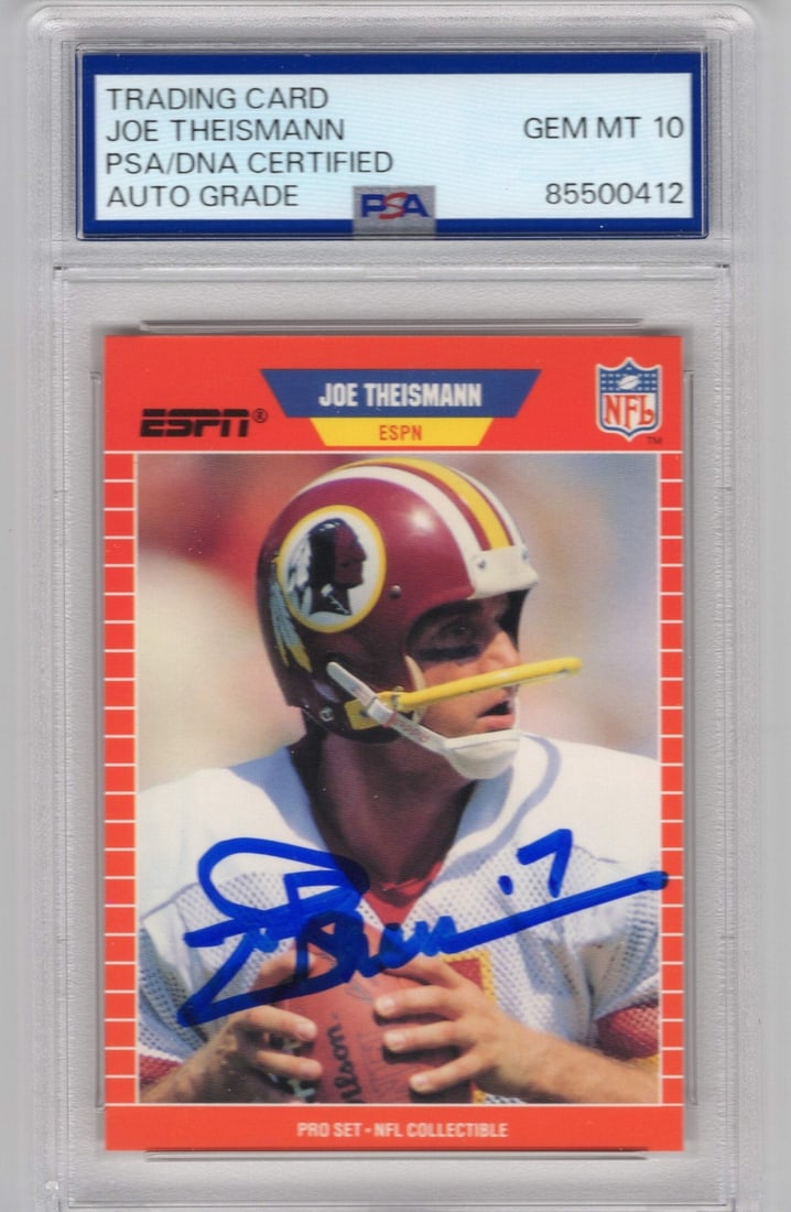 Joe Theismann 1989 Topps Pro Set Autographed Card PSA GEM MT 10 Auto Card: Joe Theismann 1989 Topps Pro Set Autographed Card PSA GEM MT 10 Auto Card Signed by Joe Theismann in 1989, this PSA GEM MT 10 Autograph Card showcases the legendary quarterback's signature. Graded by