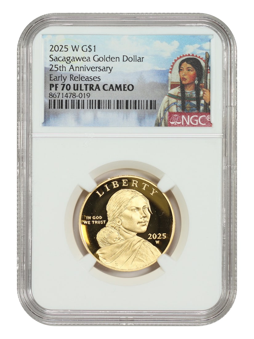 2025-W SAC G$1 NGC PR70DCAM (Early Releases) - Sacagawea Dollar: 2025-W SAC G$1 NGC PR70DCAM (Early Releases) - Sacagawea Dollar 2025-W SAC G$1 NGC PR70DCAM - A Pristine Uncirculated Sacagawea Dollar. This early release coin from the 2024 series boasts a high