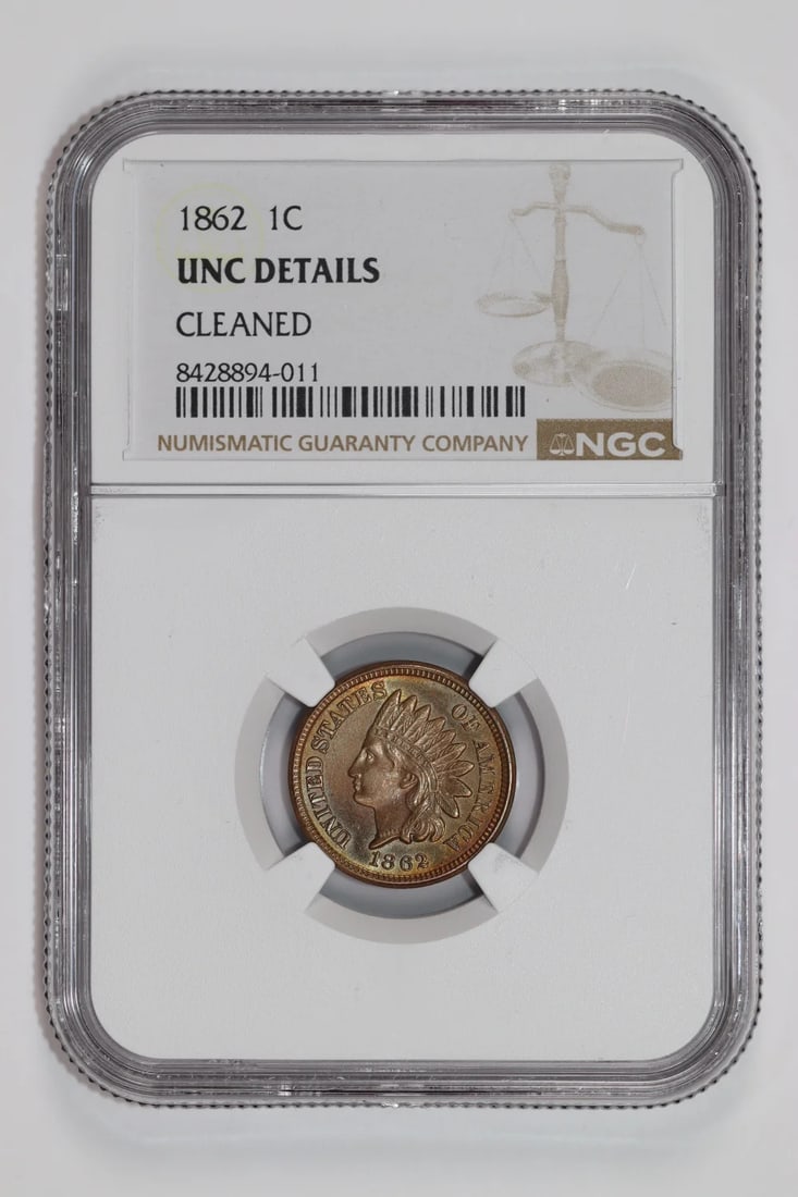 INDIAN HEAD CENT NGC UNC DETAILS: INDIAN HEAD CENT NGC UNC DETAILS Copper Cent from 1862, certified by the NGC with UNC details and a unique certification number. This circulated coin features no discernible mint marks and bears the