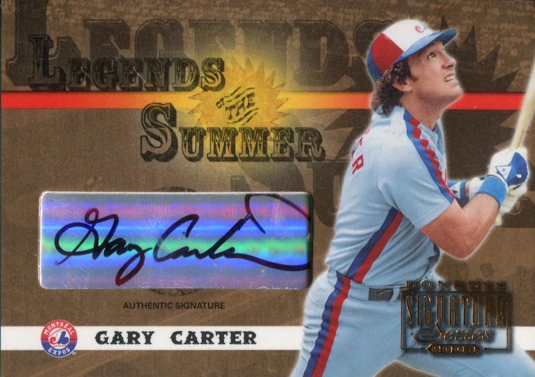 Donruss Legends Autographed Card Carter Gary 2003 Summer: Donruss Legends Autographed Card Carter Gary 2003 Summer Signed in blue sharpie across the front, this 2003 Donruss Legends of Summer card features an autograph from Gary Carter. The card comes with