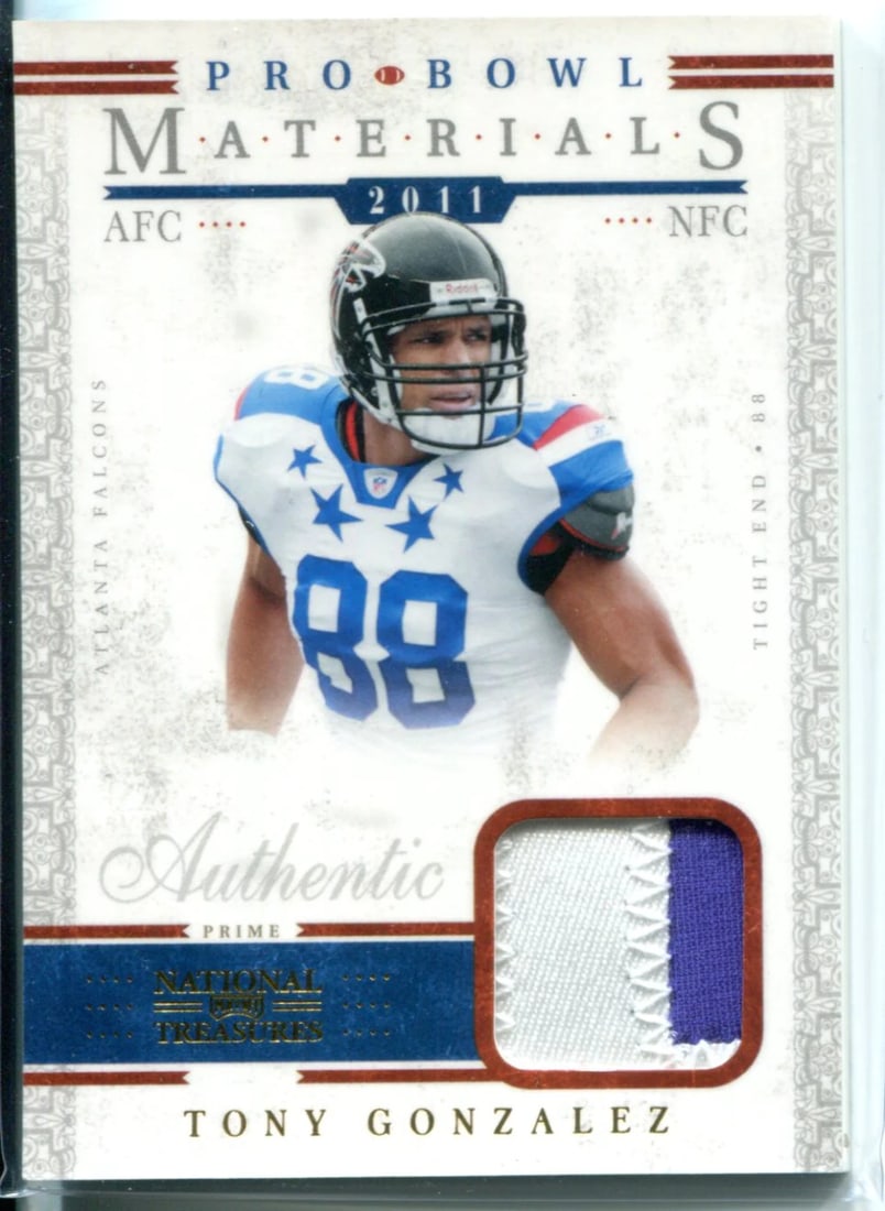 Tony Gonzalez jersey card national treasures playoff panini 2012: Tony Gonzalez jersey card national treasures playoff panini 2012 Numbered 40 out of 49, this Panini Tony Gonzalez 2012 National Treasures Jersey Card is a unique collectible featuring the legendary
