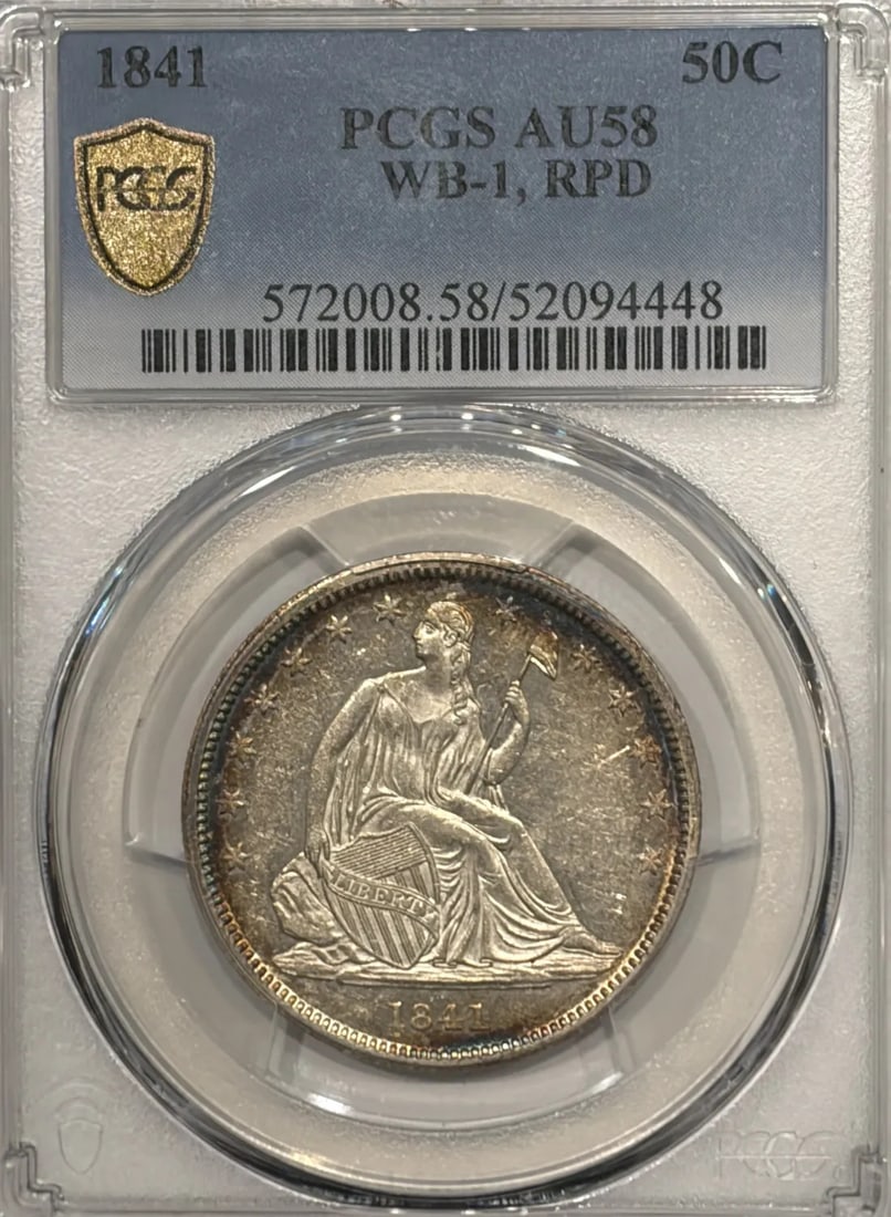 1841 SEATED LIBERTY HALF DOLLAR PCGS AU58 WB-1 RPD: 1841 SEATED LIBERTY HALF DOLLAR PCGS AU58 WB-1 RPD The 1841 SEATED LIBERTY HALF DOLLAR PCGS AU58 WB-1 RPD features a striking design with Lady Liberty seated on the reverse, surrounded by intricate