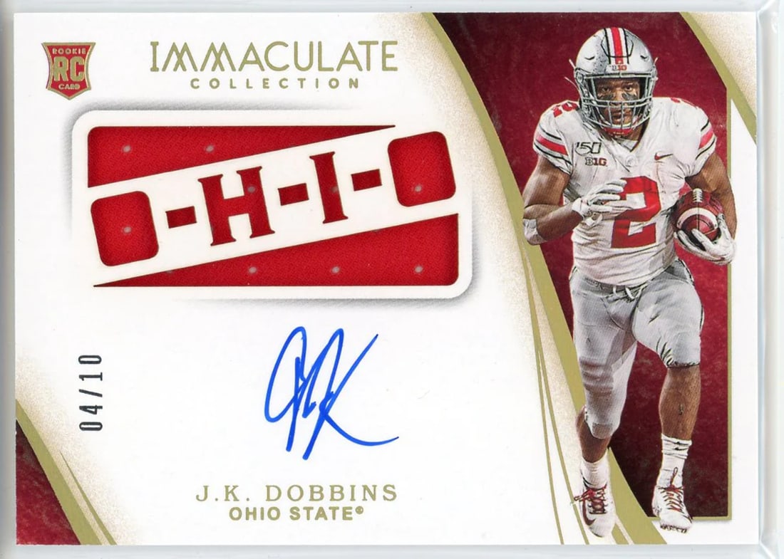 Autographed Collegiate Rookie Patch Ca 2020 National Treasures Panini JK Dobbins: Autographed Collegiate Rookie Patch Ca 2020 National Treasures Panini JK Dobbins Factory signed in blue sharpie across the front of the card by artist JK Dobbins, numbered 4 out of 10. This 2020