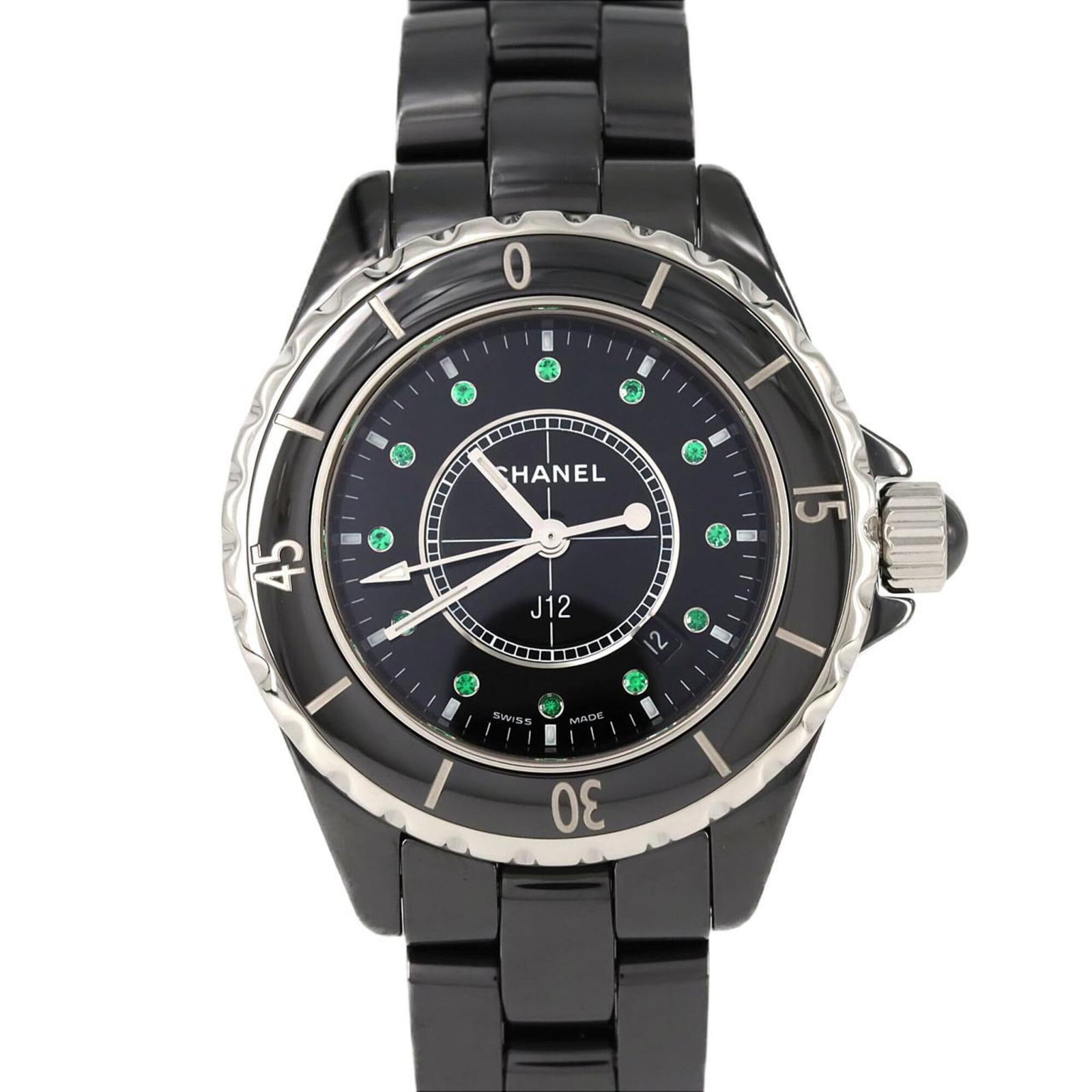 Chanel Wristwatch: Chanel Wristwatch Ceramic case and band, black dial, and a sleek 33mm design make this Chanel wristwatch a stylish accessory. The watch has some minor signs of usage, including scratches and dirt, but