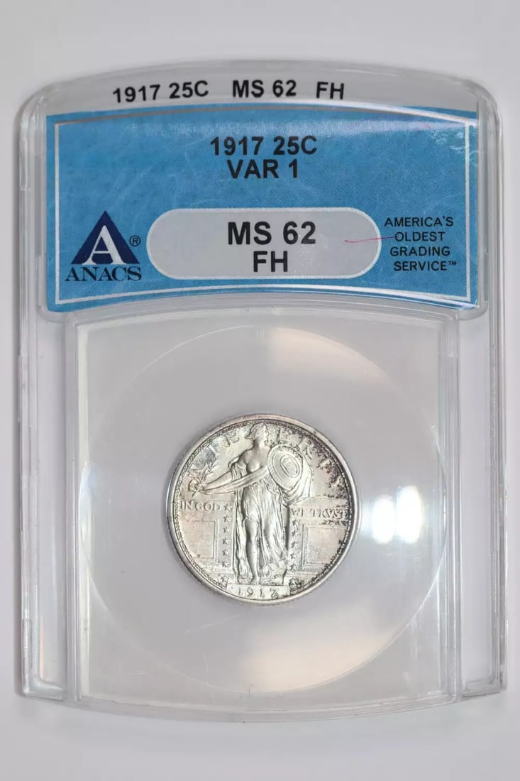 MS62 ANACS Type 1 Quarter Liberty Standing 1917: MS62 ANACS Type 1 Quarter Liberty Standing 1917 MS62 ANACS Type 1 Quarter Liberty Standing 1917 - A highly detailed and well-certified example of the iconic Liberty Standing quarter, featuring a