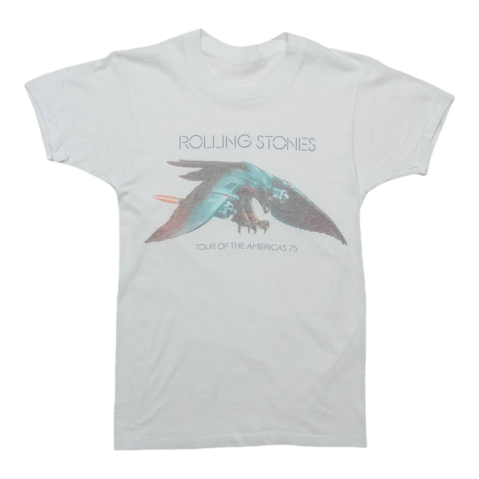 Shirt of the Americas Rolling Stones Tour 1975: Shirt of the Americas Rolling Stones Tour 1975 Small, white vintage Rolling Stones Tour Of The Americas shirt from 1975. This front graphic-only tee features a unique design and measures 15 inches in