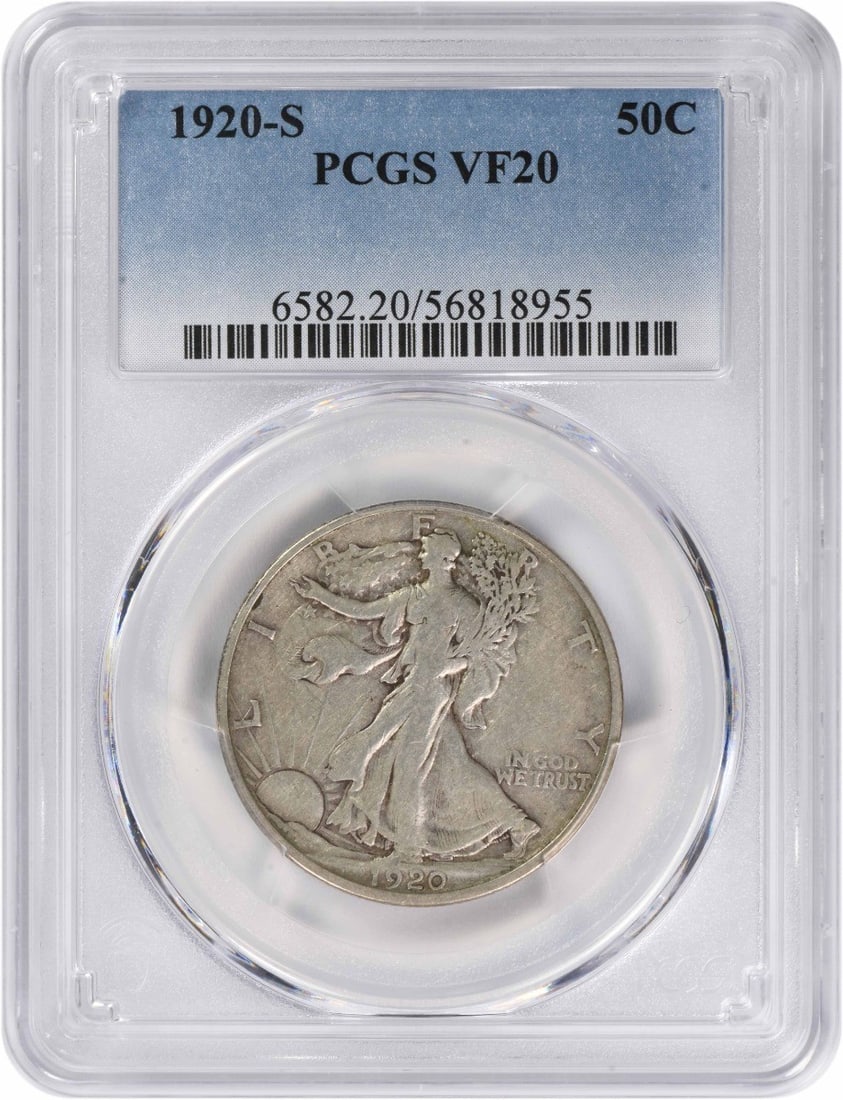 VF20 PCGS Walking Liberty Silver Half Dollar 1920 S: VF20 PCGS Walking Liberty Silver Half Dollar 1920 S The VF20 PCGS Walking Liberty Silver Half Dollar 1920 S features a stunning design by Adolph Alexander Weinman, with its reeded edge and classic