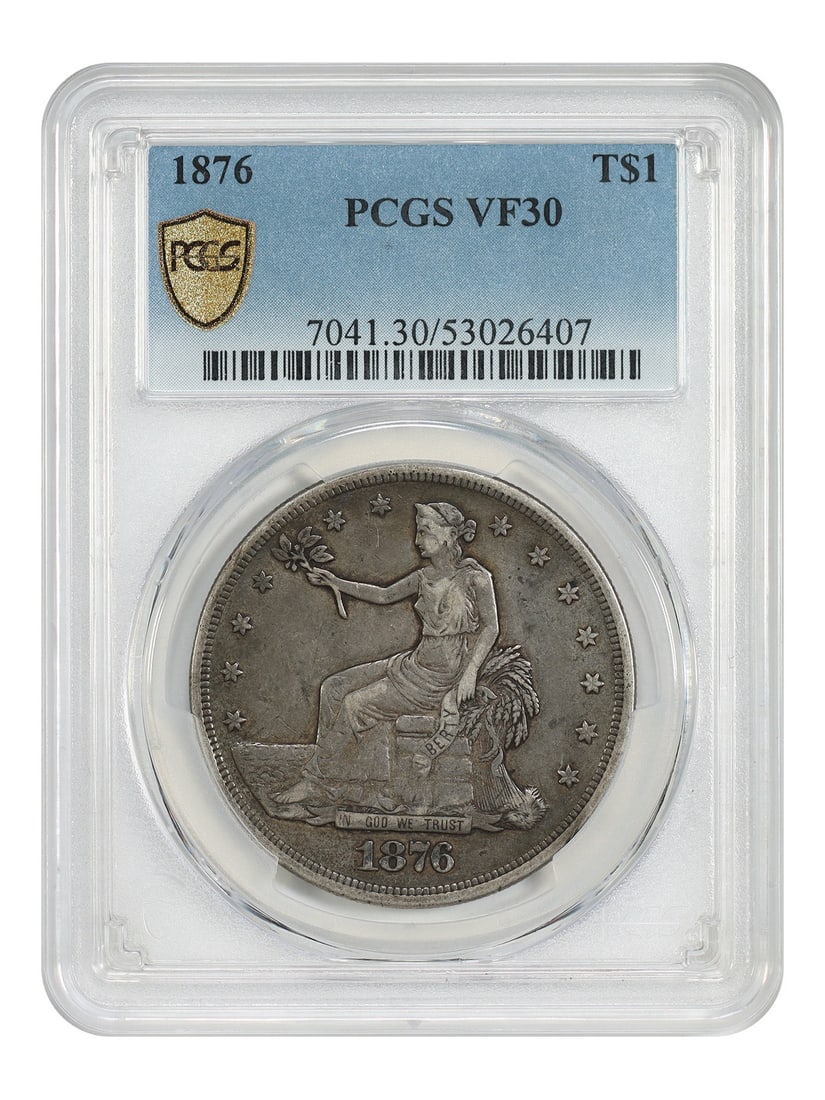 Dollar Trade 1876 PCGS VF30: Dollar Trade 1876 PCGS VF30 The 1876 Trade Dollar, graded VF30 by PCGS, showcases its circulated condition with subtle wear and tear. Certified by the prestigious Professional Coin Grading Service