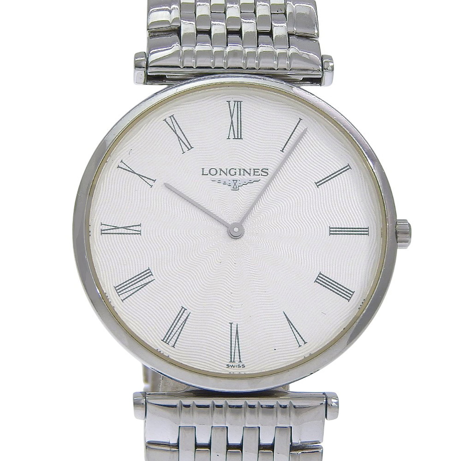 Wristwatch by Longines: Wristwatch by Longines Stainless steel case and band, a classic design. This Longines wristwatch features a white dial and measures 33mm in diameter, suitable for wrists up to 18cm in length. Used con