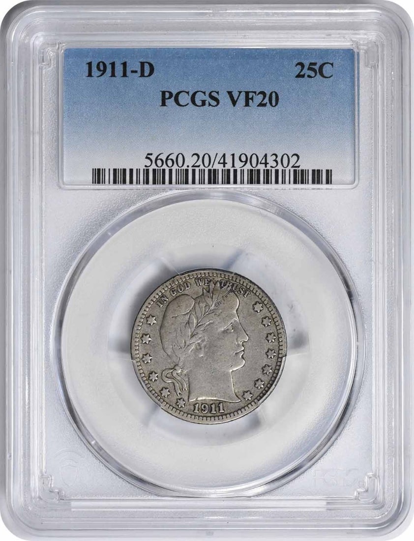 1911-D Barber Silver Quarter VF20 PCGS: 1911-D Barber Silver Quarter VF20 PCGS The 1911-D Barber Silver Quarter is a highly detailed and intricately designed coin, featuring the iconic portrait of Lady Liberty on its obverse side. With a