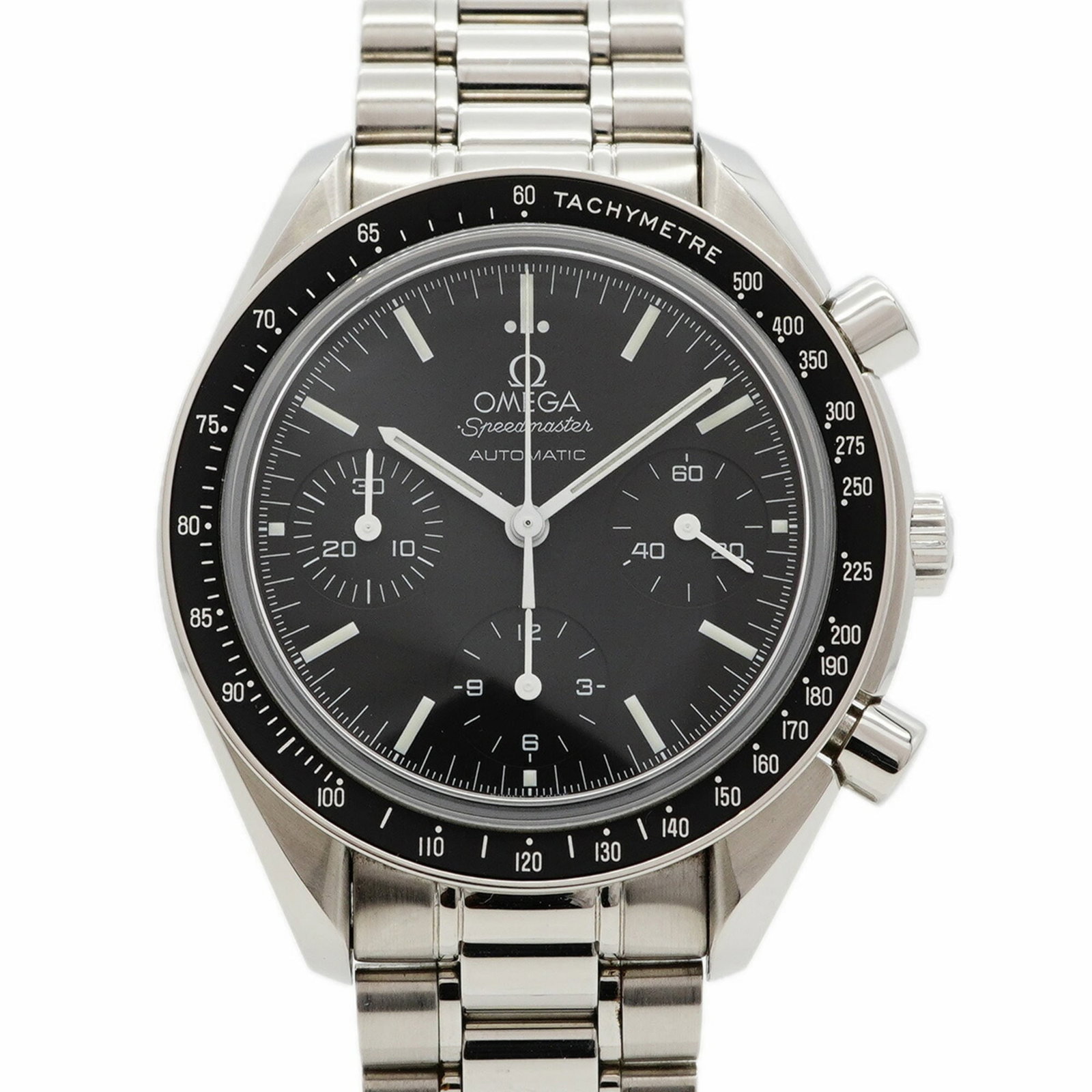 Omega Wristwatch: Omega Wristwatch Stainless steel band and black dial make for a sleek, timeless design. This Omega wristwatch boasts a classic case diameter of 38.8mm, suitable for wrists up to 18cm in size. With