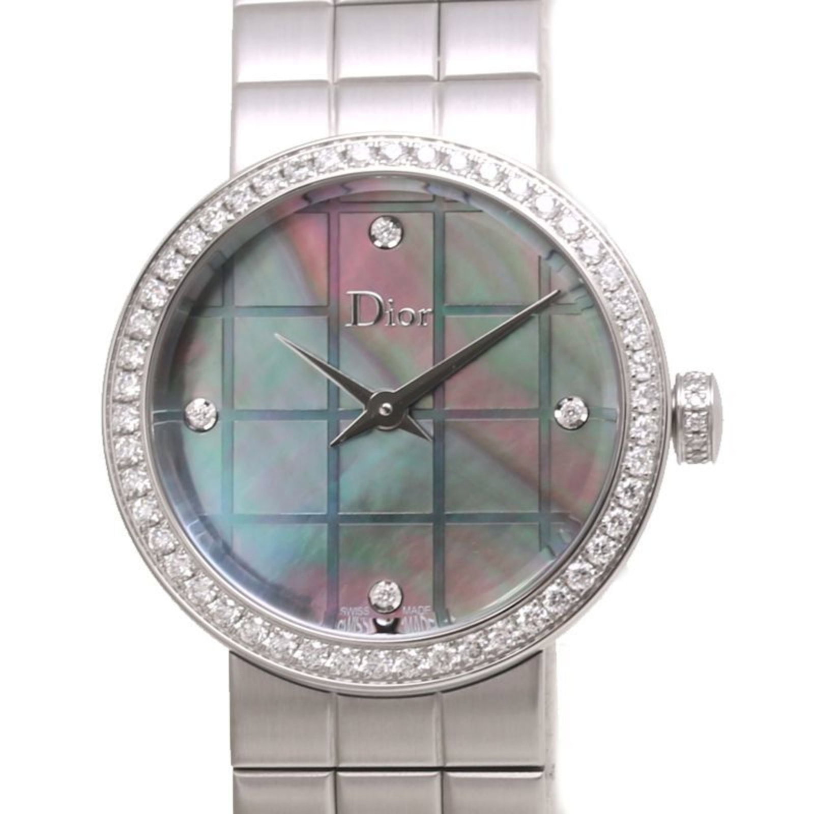 Christian Dior Wristwatch: Christian Dior Wristwatch Stainless steel case and band add a sleek touch to this Christian Dior wristwatch, featuring a black shell dial. The watch measures 25mm in diameter and suits wrists up to