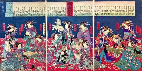 Chikanobu Toyohara Woodblock Print Prosperity 1880 Meiji 13 Game Go Triptych: Chikanobu Toyohara Woodblock Print Prosperity 1880 Meiji 13 Game Go Triptych Item Specifics: Artist: Toyohara Chikanobu Subject: Go Game Pleasure Quarters Figures Material: Washi Paper Style: Japanese