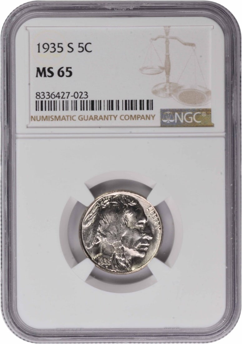1935-S Buffalo Nickel MS65 NGC: 1935-S Buffalo Nickel MS65 NGC The 1935-S Buffalo Nickel MS65 NGC boasts exceptional condition, with its high-grade certification from the Numismatic Guaranty Corporation (NGC) verifying its circulate