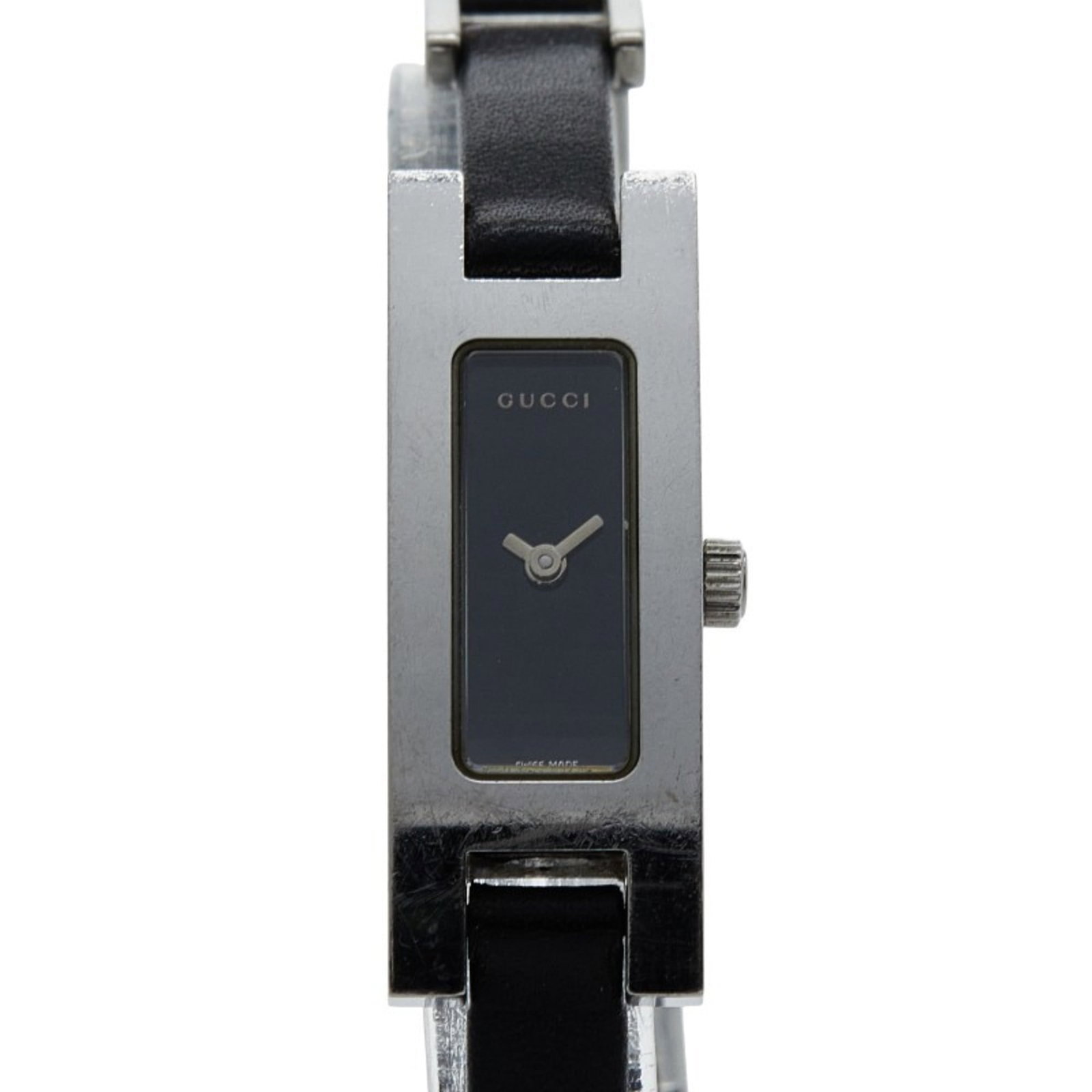 Wristwatch by Gucci: Wristwatch by Gucci Stainless steel case and black leather band make up the sleek design of this Gucci wristwatch, featuring an analog display. The watch measures 33.9mm in diameter and has a comforta