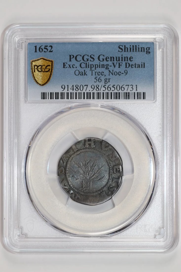 SHILLING 56 GRAINS OAK TREE PCGS VF 1652 9 NOE: SHILLING 56 GRAINS OAK TREE PCGS VF 1652 9 NOE The Shilling 56 grains Oak Tree PCGS VF 1652 9 NOE features a genuine, certified coin with an unknown circulated/uncirculated status and no known km