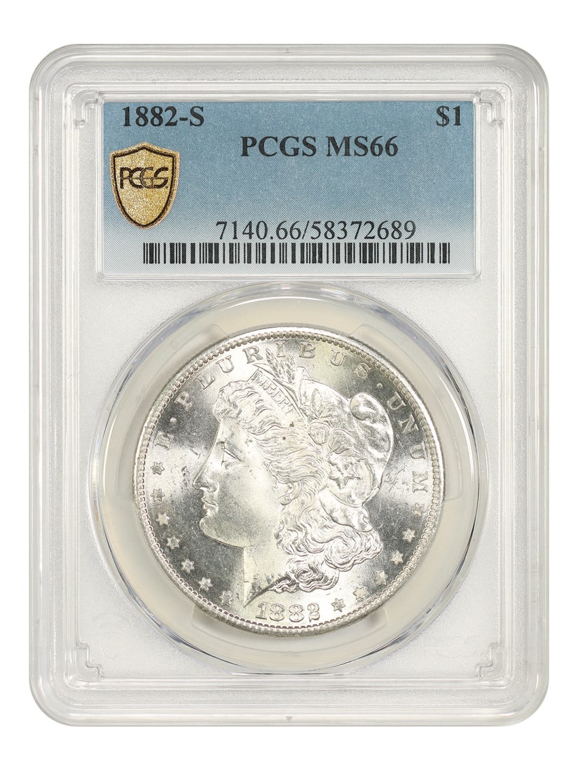 1882-S $1 PCGS MS66 - Morgan Dollar - Popular Collector Date: 1882-S $1 PCGS MS66 - Morgan Dollar - Popular Collector Date The 1882-S $1 PCGS MS66 Morgan Dollar is a highly graded and certified coin, bearing the mark of the Professional Coin Grading Service