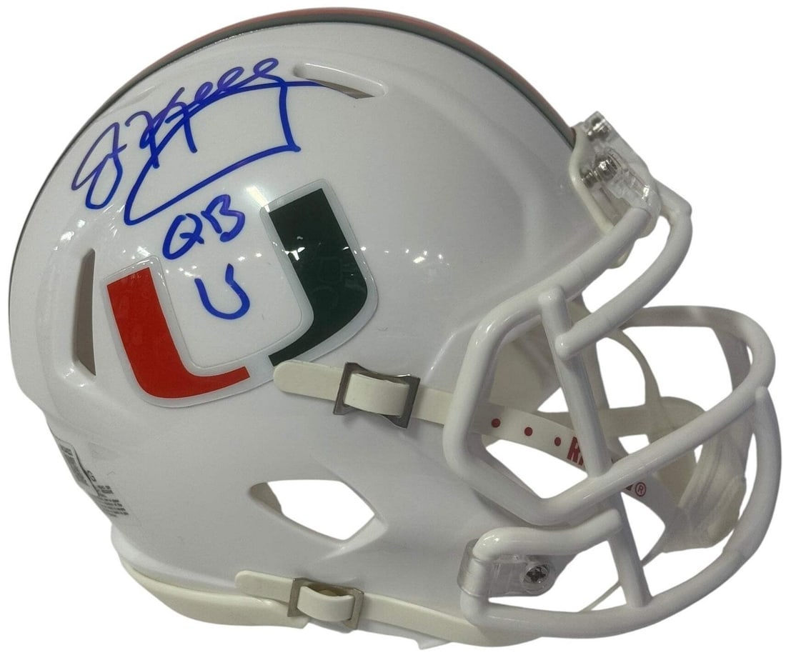 Kelly Jim Autographed Beckett Witness Hurricanes Mini Helmet: Kelly Jim Autographed Beckett Witness Hurricanes Mini Helmet Signed in blue sharpie across the side of the helmet with inscription "QB U" by Jim Kelly, a rare and unique piece for collectors. This