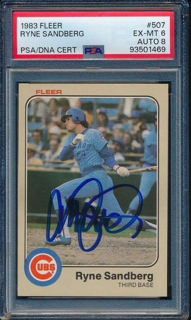 Ryne Sandberg HOF Signed On Card 1983 Fleer RC Card #507 PSA/ DNA EX-MT 6 198344: Ryne Sandberg HOF Signed On Card 1983 Fleer RC Card #507 PSA/ DNA EX-MT 6 198344 Signed by Ryne Sandberg, one of the most iconic players in Chicago Cubs history, this 1983 Fleer RC Card #507 features