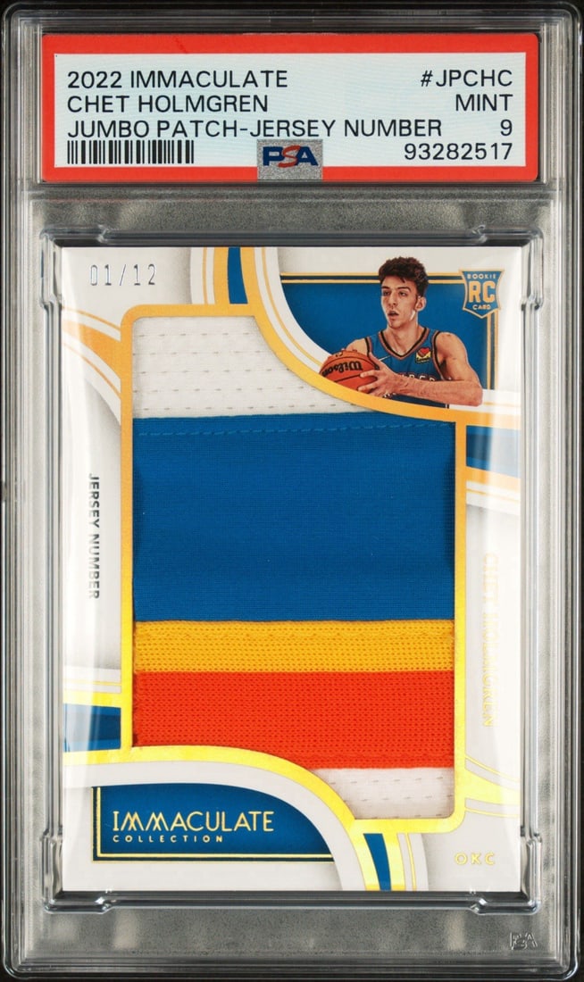 IMMACULATE 2022 PANINI JERSEY CHET HOLMGREN ROOKIE PATCH JUMBO NUMBER PSA 9 1/ 12: IMMACULATE 2022 PANINI JERSEY CHET HOLMGREN ROOKIE PATCH JUMBO NUMBER PSA 9 1/ 12 2022 Panini Immaculate Jumbo Patch Rookie Jersey Card featuring Chet Holmgren's #JPCHC, graded PSA 9 by Professional