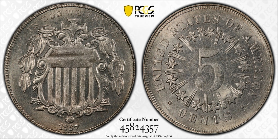 1867 RAYS SHIELD NICKEL RAYS PCGS MS64: 1867 RAYS SHIELD NICKEL RAYS PCGS MS64 PCGS MS64, the 1867 Rays Shield Nickel boasts an impressive grade, showcasing exceptional preservation and detail. Certified by the prestigious Professional