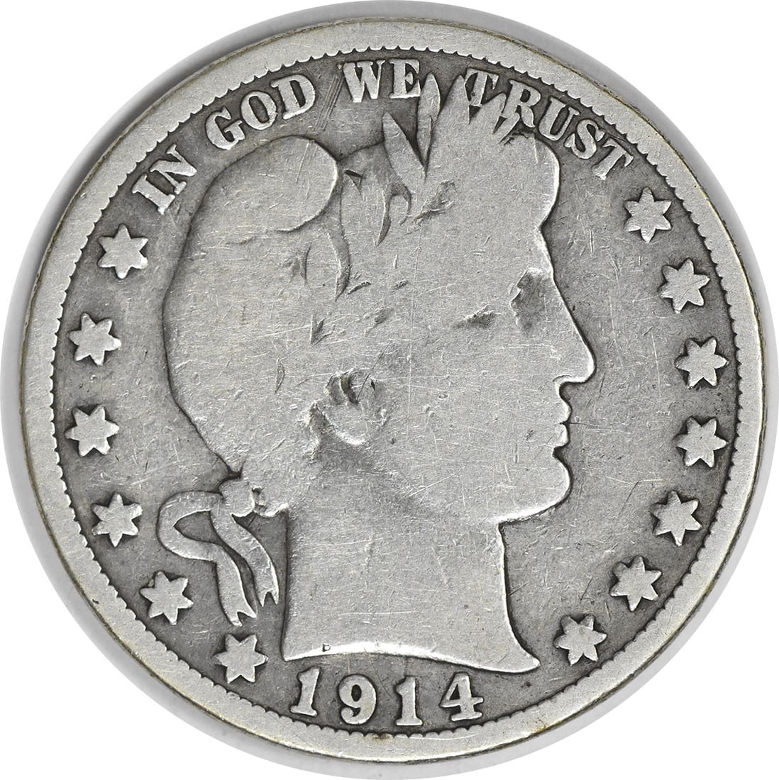 1914 Barber Silver Half Dollar VG Uncertified: 1914 Barber Silver Half Dollar VG Uncertified The 1914 Barber Silver Half Dollar features a classic design by Charles E. Barber, with its distinctive reeded edge and 90% silver composition. This