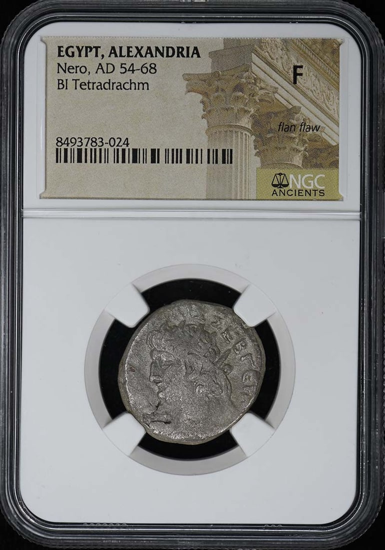 Tetradrachm NGC F from Nero AD 54-68 Egypt Alexandria: Tetradrachm NGC F from Nero AD 54-68 Egypt Alexandria NGC F certified Tetradrachm from Nero's reign in Alexandria, Egypt. This ancient coin bears the mark of NGC's expert grading and features a notabl