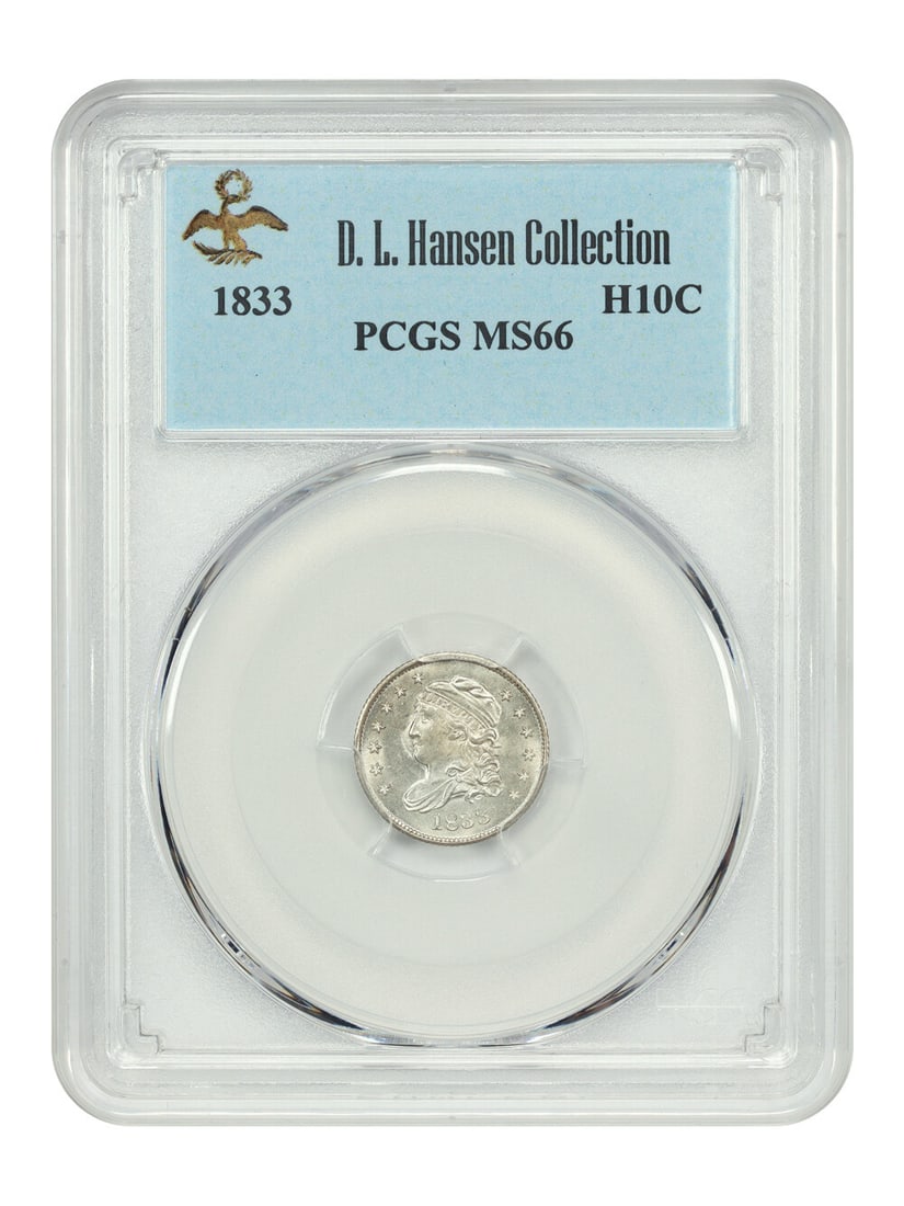 PCGS MS66 ex H10C D.L. Hansen 1833: PCGS MS66 ex H10C D.L. Hansen 1833 The PCGS MS66 ex H10C D.L. Hansen 1833 is an exceptional uncirculated half-dime, certified by the prestigious Professional Coin Grading Service (PCGS) with a grade o