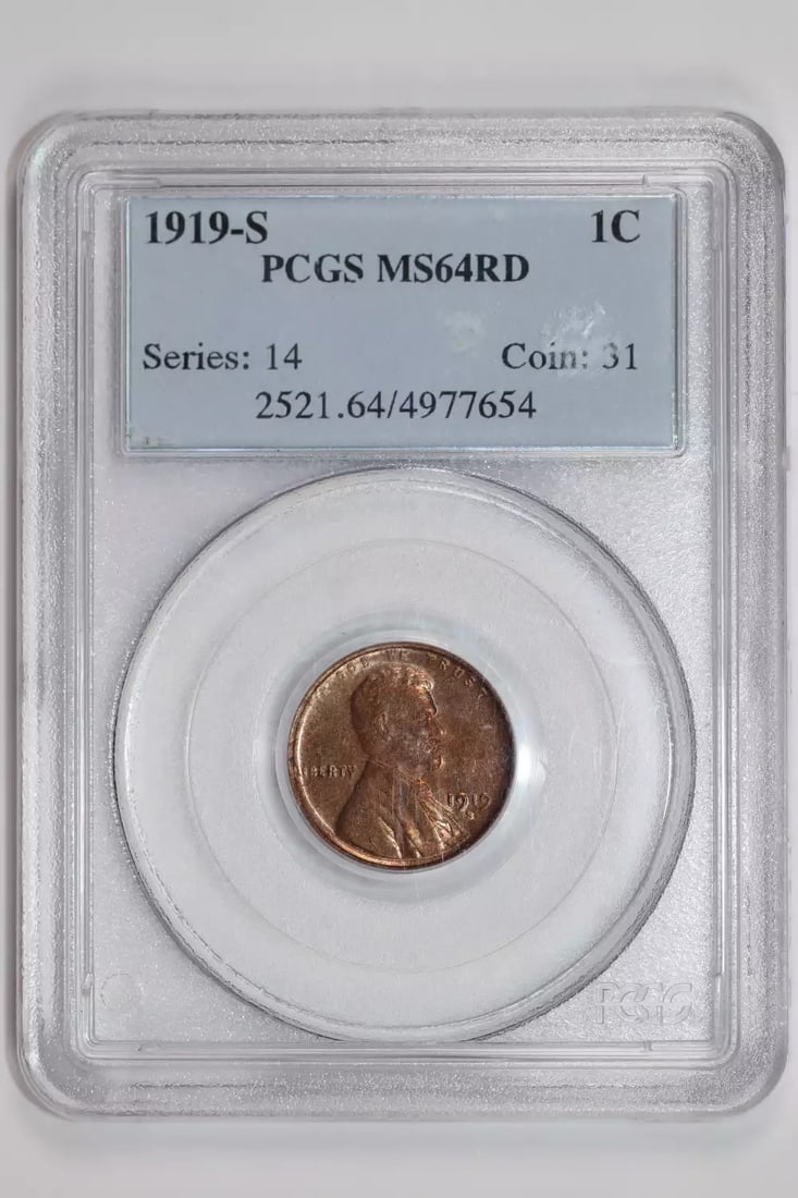 RED MS64 PCGS CENT WHEAT LINCOLN 1919-S: RED MS64 PCGS CENT WHEAT LINCOLN 1919-S MS64 PCGS Certified Copper Cent from 1919-S, featuring the iconic Lincoln design in circulated uncirculated condition. This rare coin boasts a high grade of