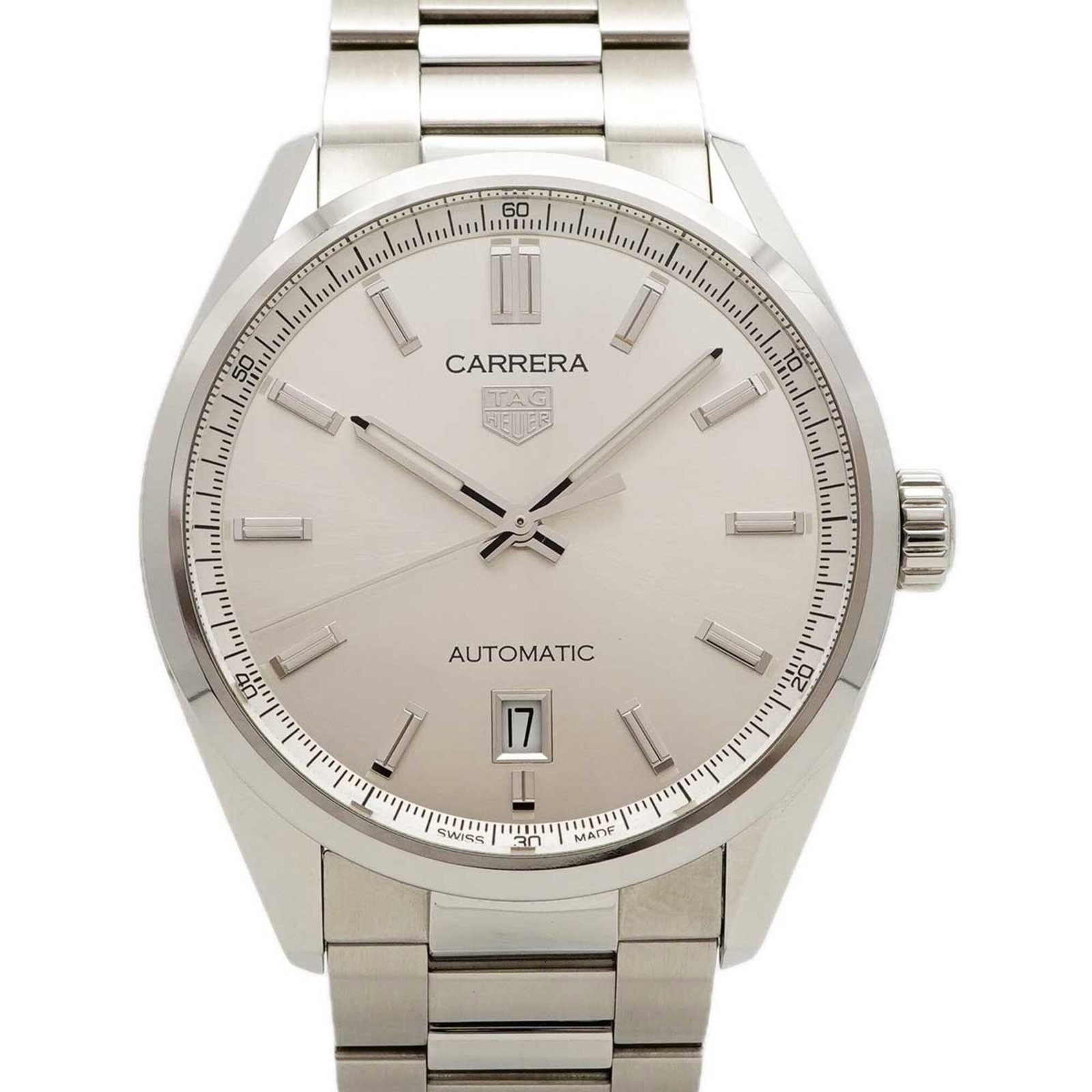 Tag Heuer Wristwatch: Tag Heuer Wristwatch Stainless steel band and silver case make for a sleek, modern look. This used Tag Heuer wristwatch boasts a classic design with a diameter of 38.7mm and a comfortable fit for