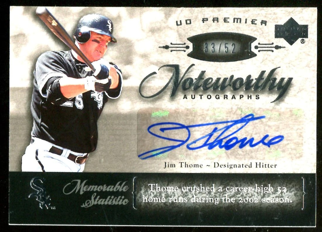 Noteworthy 2007 Autographed Card Jim Thome #33/ 52: Noteworthy 2007 Autographed Card Jim Thome #33/ 52 Jim Thome's 2007 UD Premier Noteworthy Autographed Card #33/52 features his signature, making it a unique collectible for baseball enthusiasts. This