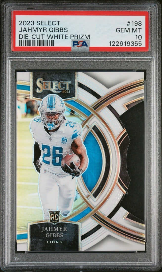 2023 PANINI SELECT JAHMYR GIBBS DIE CUT WHITE PRIZM #198/ 199 PSA 10 (1 of 3)