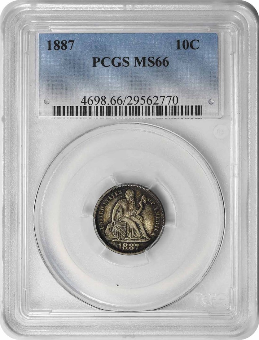 1887 Liberty Seated Silver Dime MS66 PCGS: 1887 Liberty Seated Silver Dime MS66 PCGS The 1887 Liberty Seated Silver Dime MS66 PCGS boasts exceptional condition, with its high grade of MS66 indicating outstanding mint state quality. This