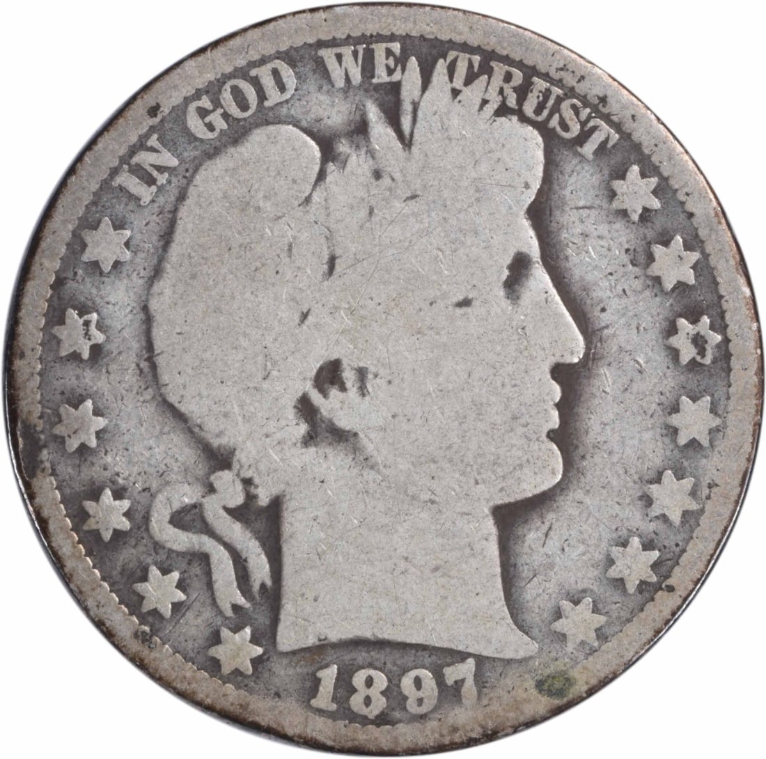 Uncertified Silver Half Dollar 1897 O Barber: Uncertified Silver Half Dollar 1897 O Barber The 1897 O Barber half dollar features a reeded edge and is made from 90% silver and 10% copper, weighing in at 12.50 grams. With a mintage of 632,000,