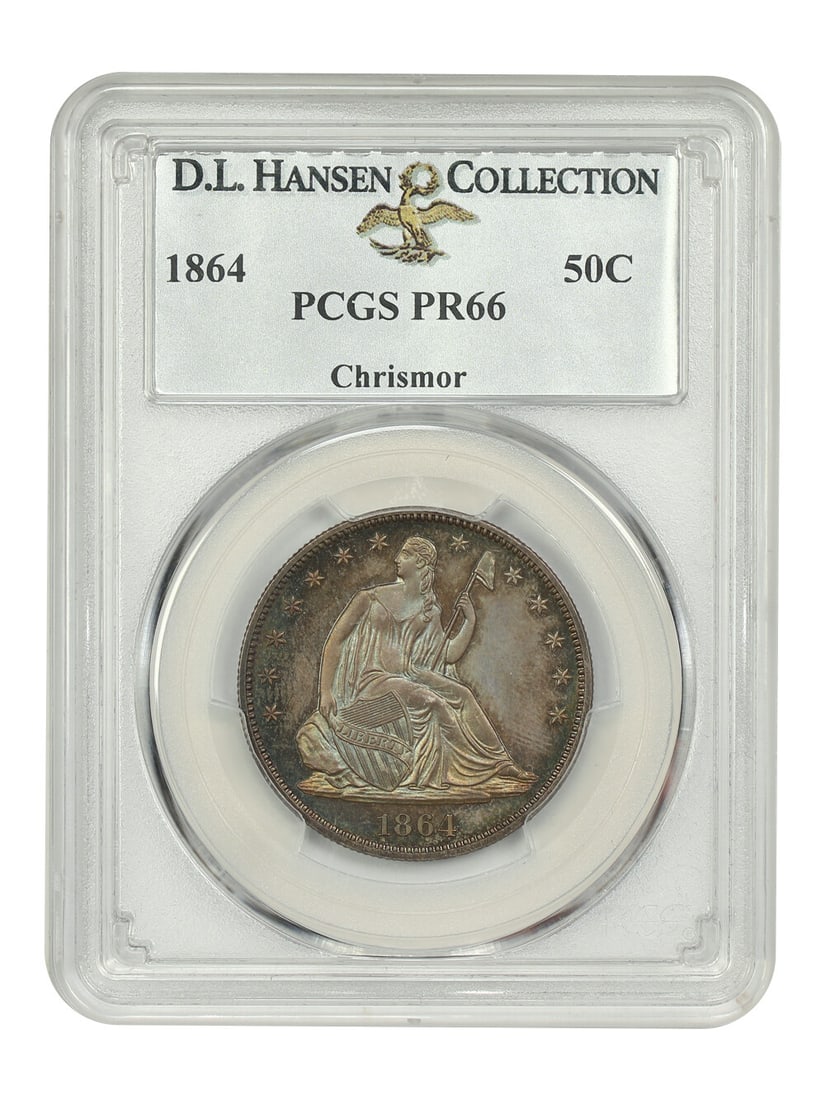 1864 50C PCGS PR66 ex: D.L. Hansen/ Chrismor: 1864 50C PCGS PR66 ex: D.L. Hansen/ Chrismor PCGS PR66 graded 1864 50C, bearing the mark of renowned collectors D.L. Hansen and Chrismor, showcases exceptional preservation and historical significance