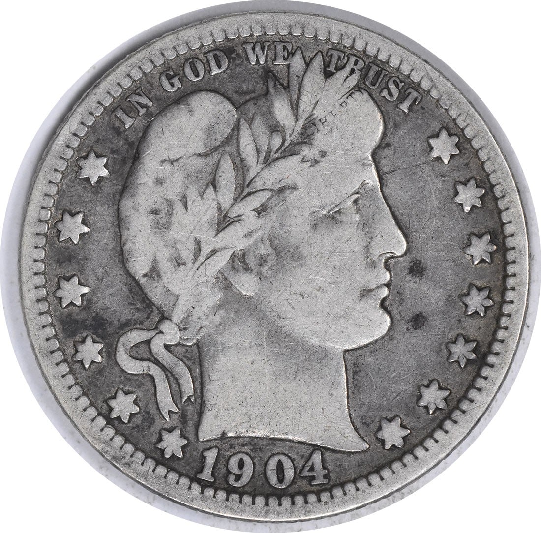 1904-O Barber Silver Quarter F Uncertified: 1904-O Barber Silver Quarter F Uncertified The 1904-O Barber Silver Quarter F Uncertified is a circulated example from the New Orleans mint, bearing the distinctive reeded edge and weighing in at