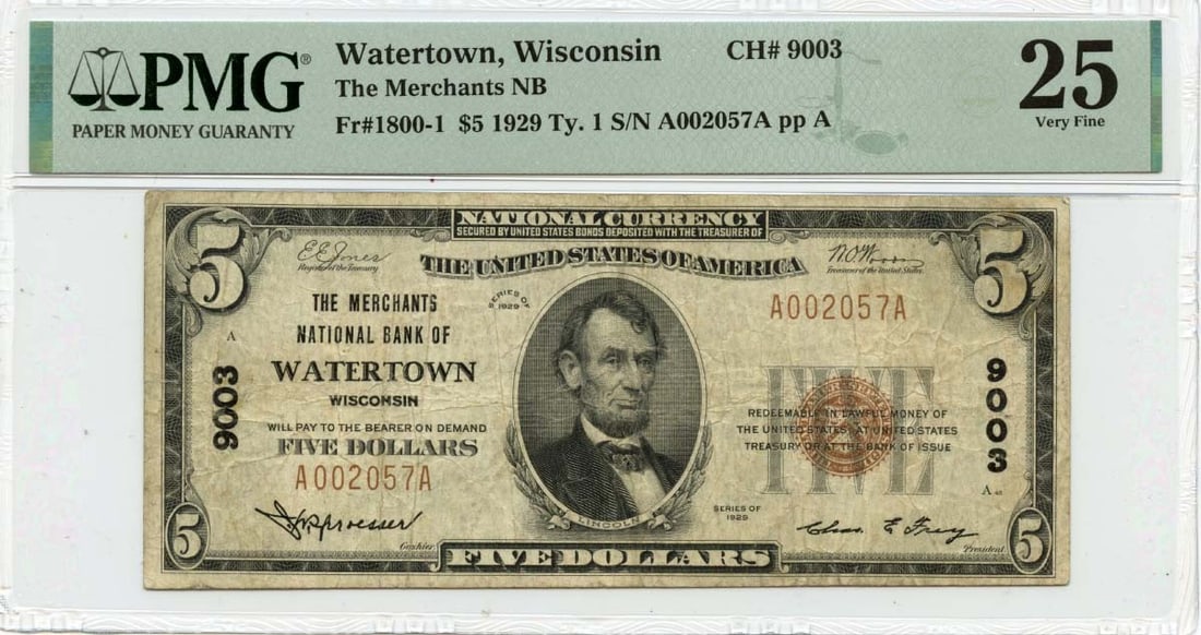 1929 Ty.1 $5 Merchants Natl; Bank Watertown WI CH# 9003 PMG VF25: 1929 Ty.1 $5 Merchants Natl; Bank Watertown WI CH# 9003 PMG VF25 The 1929 Ty.1 $5 Merchants Natl; Bank Watertown WI features a unique combination of design and historical significance, bearing the sig