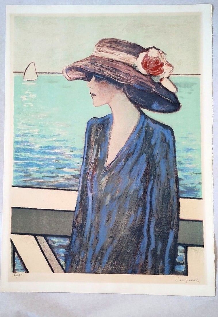 Woman hat signed seaside lithograph by Jean Pierre Cassigneul ED150 (1 of 4)
