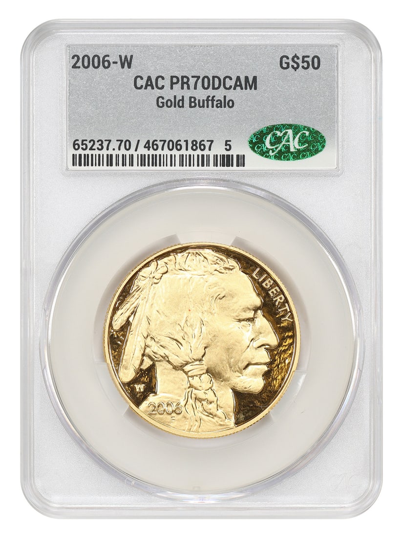 2006-W $50 Gold Buffalo CACG PR70DCAM - $50 Gold Buffalos - 1 oz Proof Gold: 2006-W $50 Gold Buffalo CACG PR70DCAM - $50 Gold Buffalos - 1 oz Proof Gold 2006-W $50 Gold Buffalo, graded PR70DCAM by CACG, showcases exceptional detail and luster in uncirculated condition. This