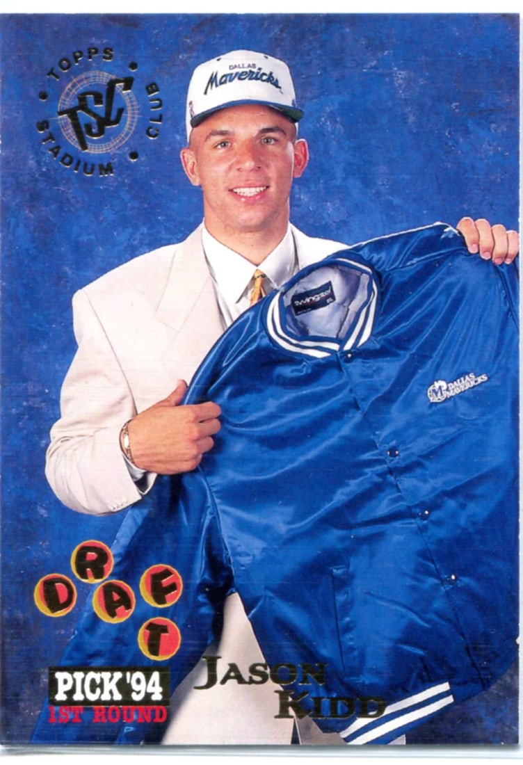 Unsigned Jason Kidd Rookie Card 1994 Stadium Topps Club: Unsigned Jason Kidd Rookie Card 1994 Stadium Topps Club Jason Kidd's 1994 Topps Stadium Club unsigned rookie card bears his name and likeness, making it a unique collectible for basketball enthusiasts