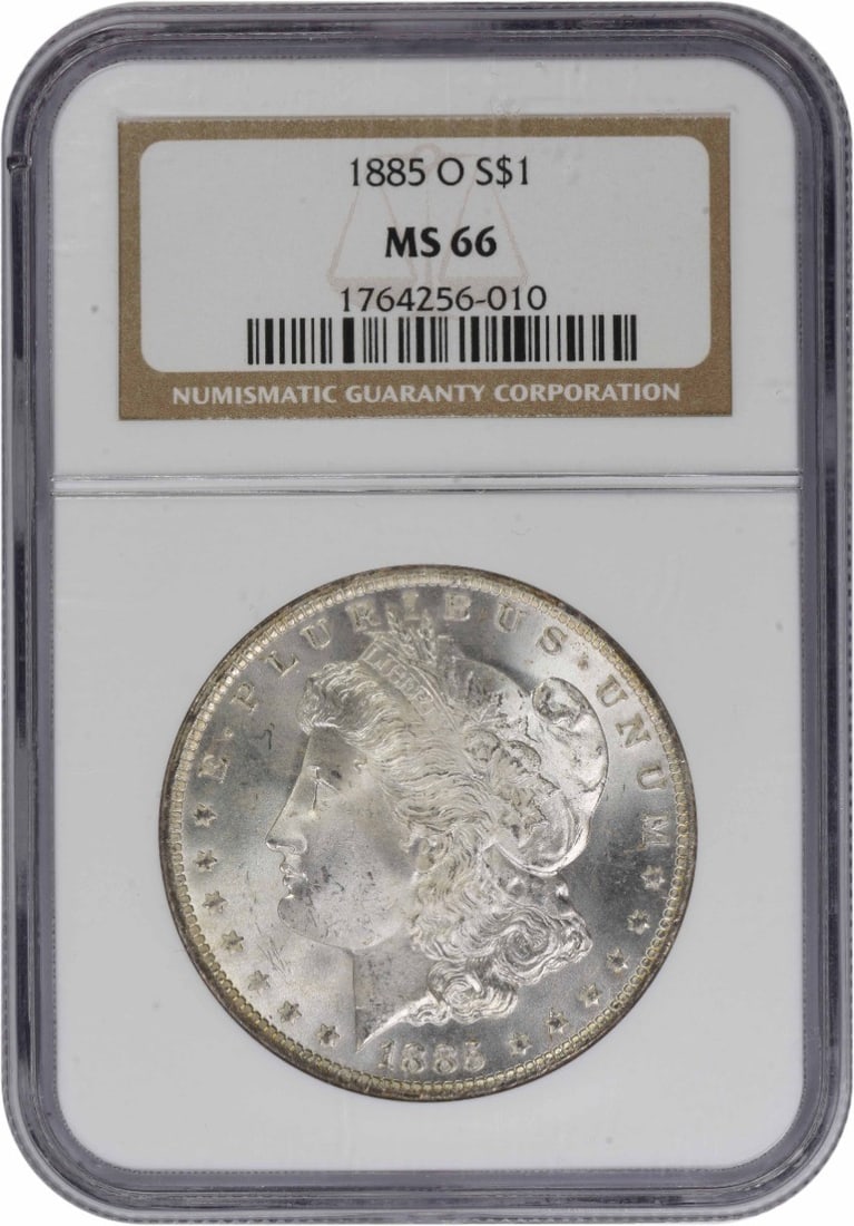 1885-O Morgan Silver Dollar MS66 NGC: 1885-O Morgan Silver Dollar MS66 NGC The 1885-O Morgan Silver Dollar MS66 NGC is a highly detailed and well-crafted coin, featuring the iconic design of George T. Morgan and weighing in at 26.73 grams