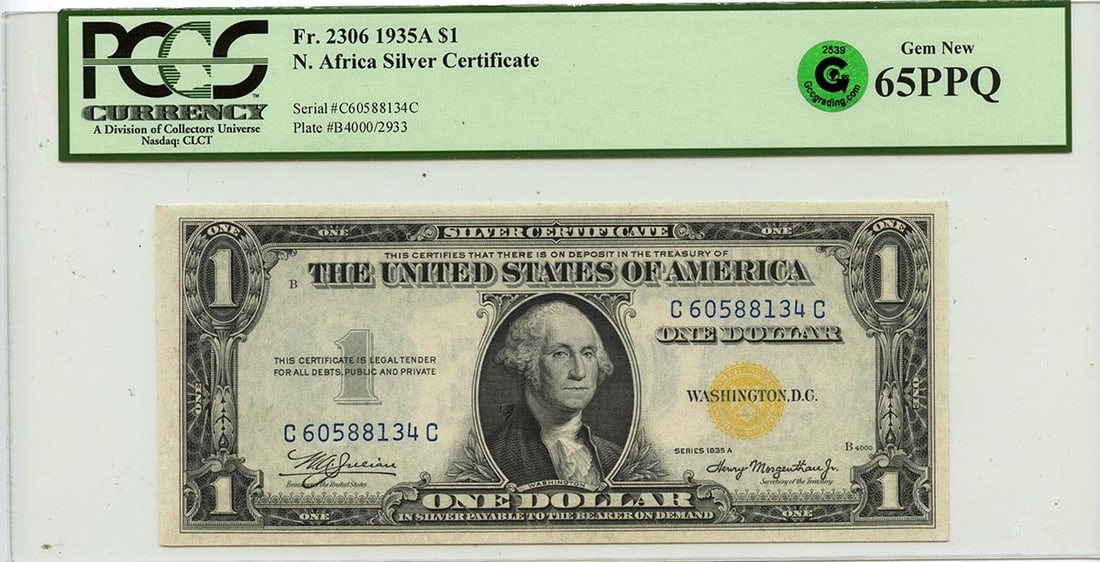1935A $1 N. Africa Silver Certificate FR#2306 PCGS GEM 65 PPQ GCC Green: 1935A $1 N. Africa Silver Certificate FR#2306 PCGS GEM 65 PPQ GCC Green The 1935A $1 N. Africa Silver Certificate, graded MS65 by PCGS, boasts exceptional condition with a stunning green tint. This
